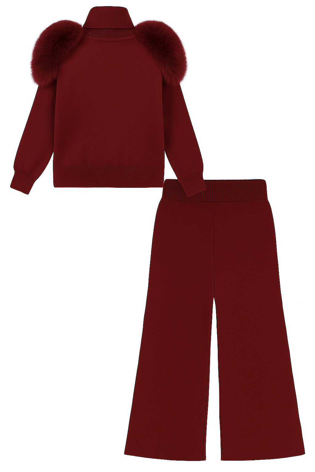 Knitted wide leg Co-Ord with Fur Shoulder - Burgundy