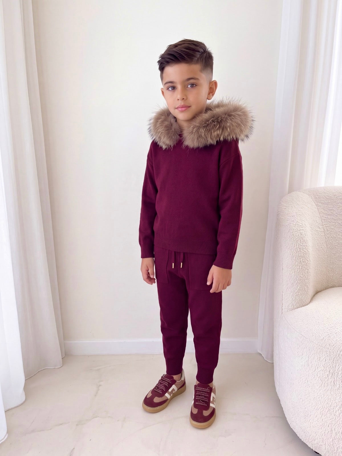 Knitted Hoodie Jogger Set - Burgundy Natural Hood