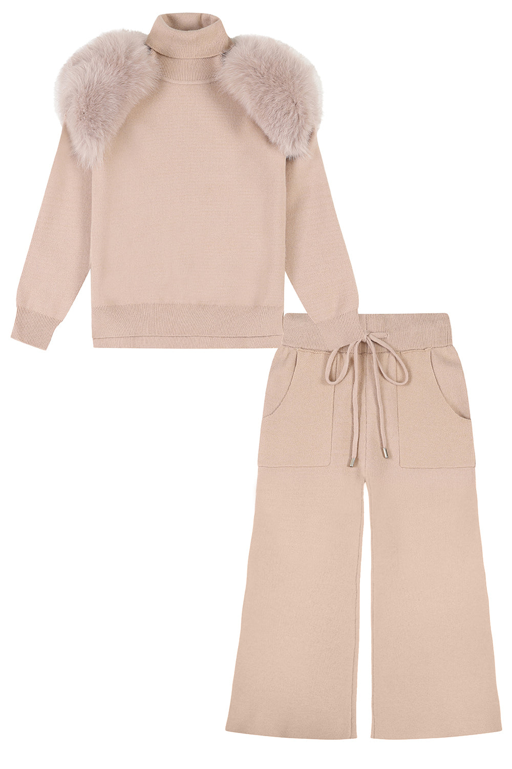 Knitted fur shoulder set - Wide leg - - CAPPUCCINO