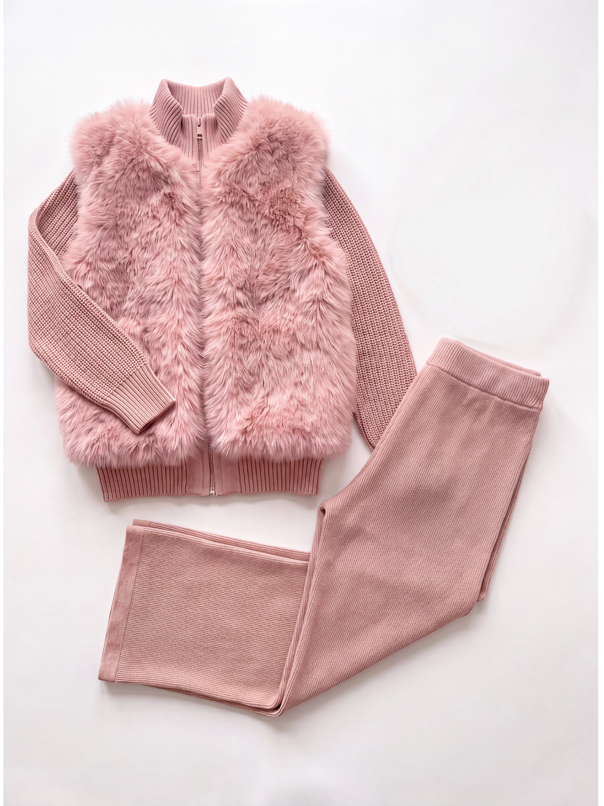 The Beau Knit Faux-Fur Pants Set- Pink