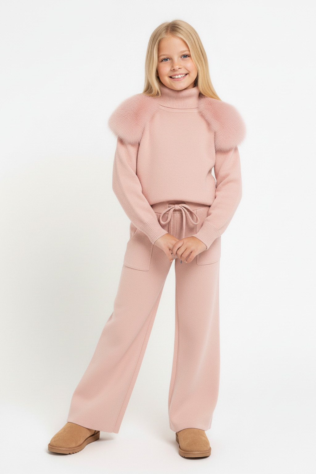 Knitted Fur shoulder set - Wide leg - PINK