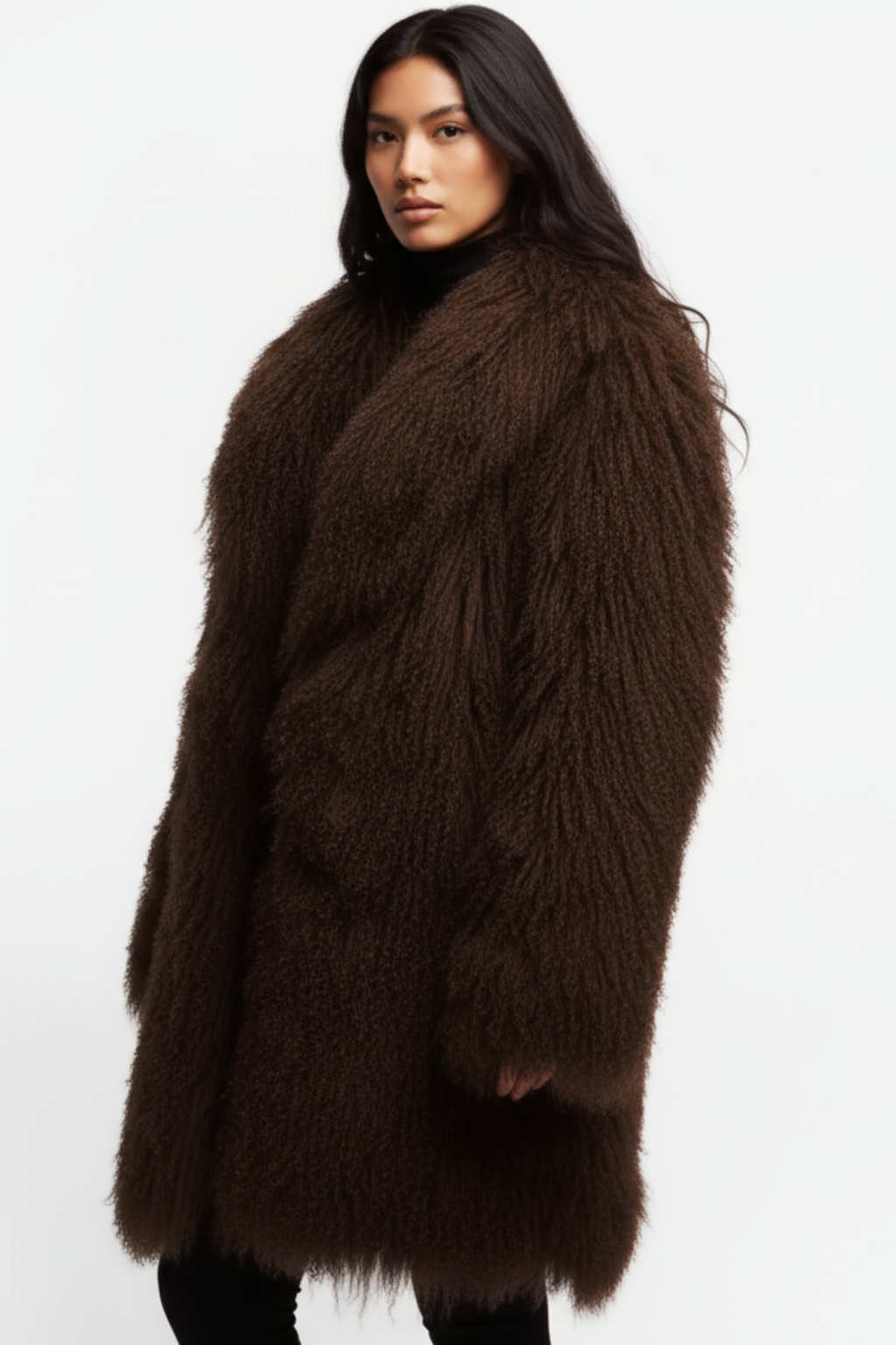 Womens mongolian fur long coat - Brown