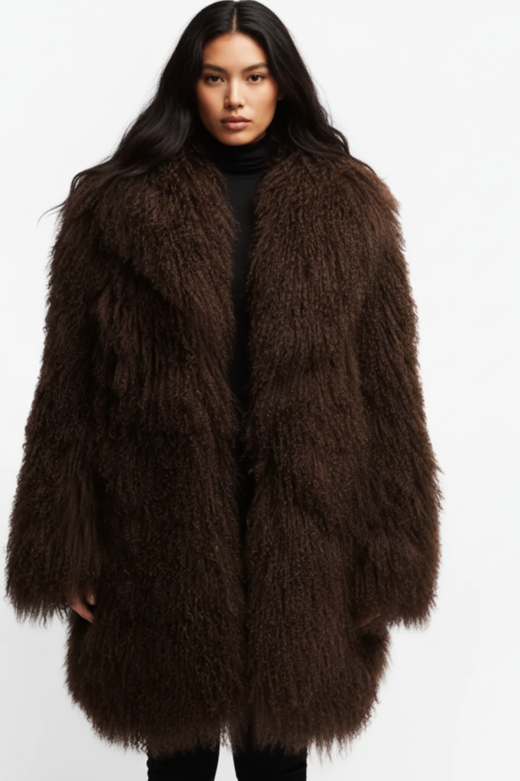 Womens mongolian fur long coat - Brown