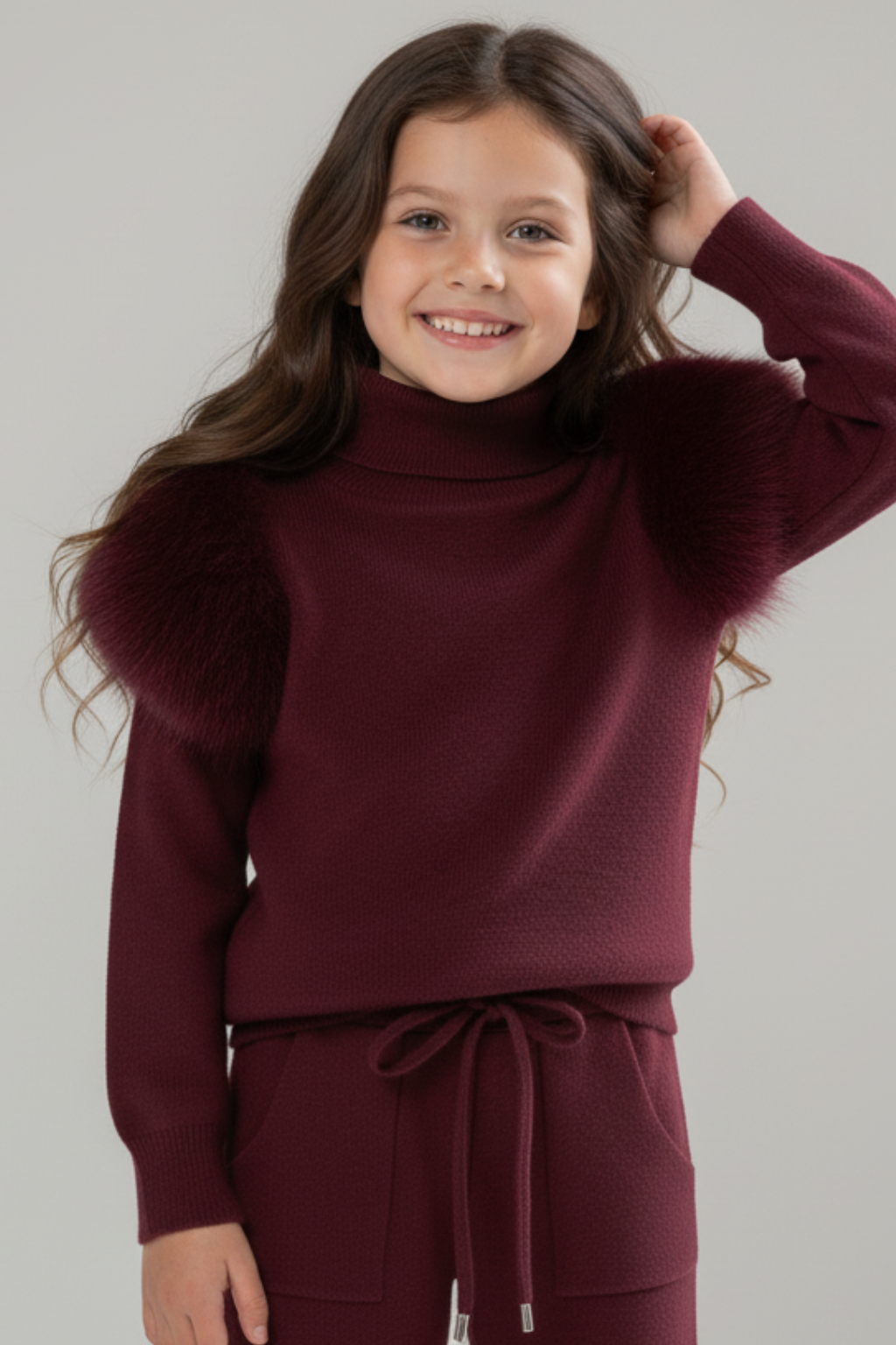 Knitted wide leg Co-Ord with Fur Shoulder - Burgundy