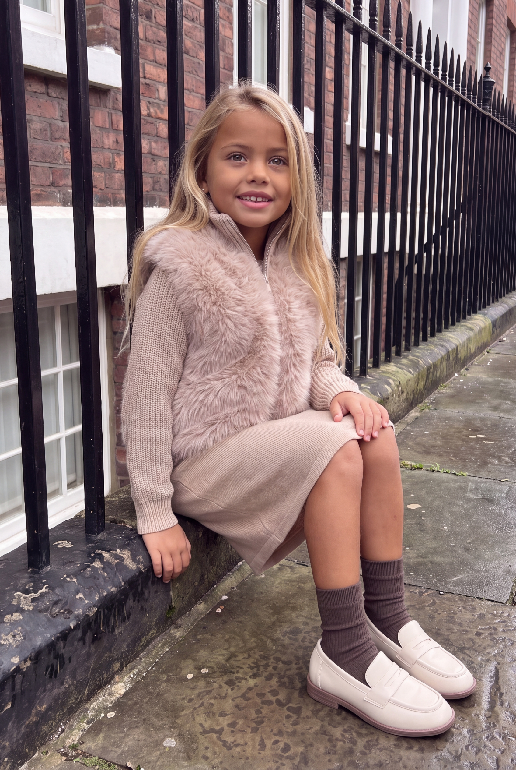 The Beau Knit Faux-Fur Skirt Set - Beige