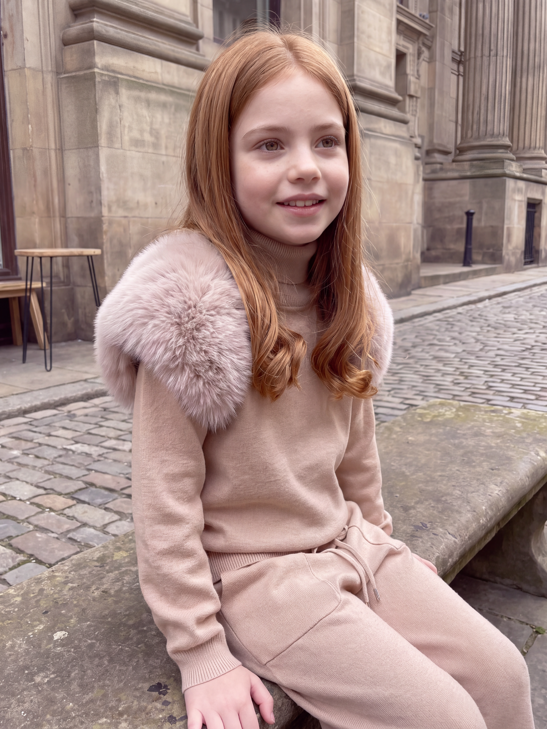 Knitted fur shoulder set - Wide leg - CAPPUCCINO