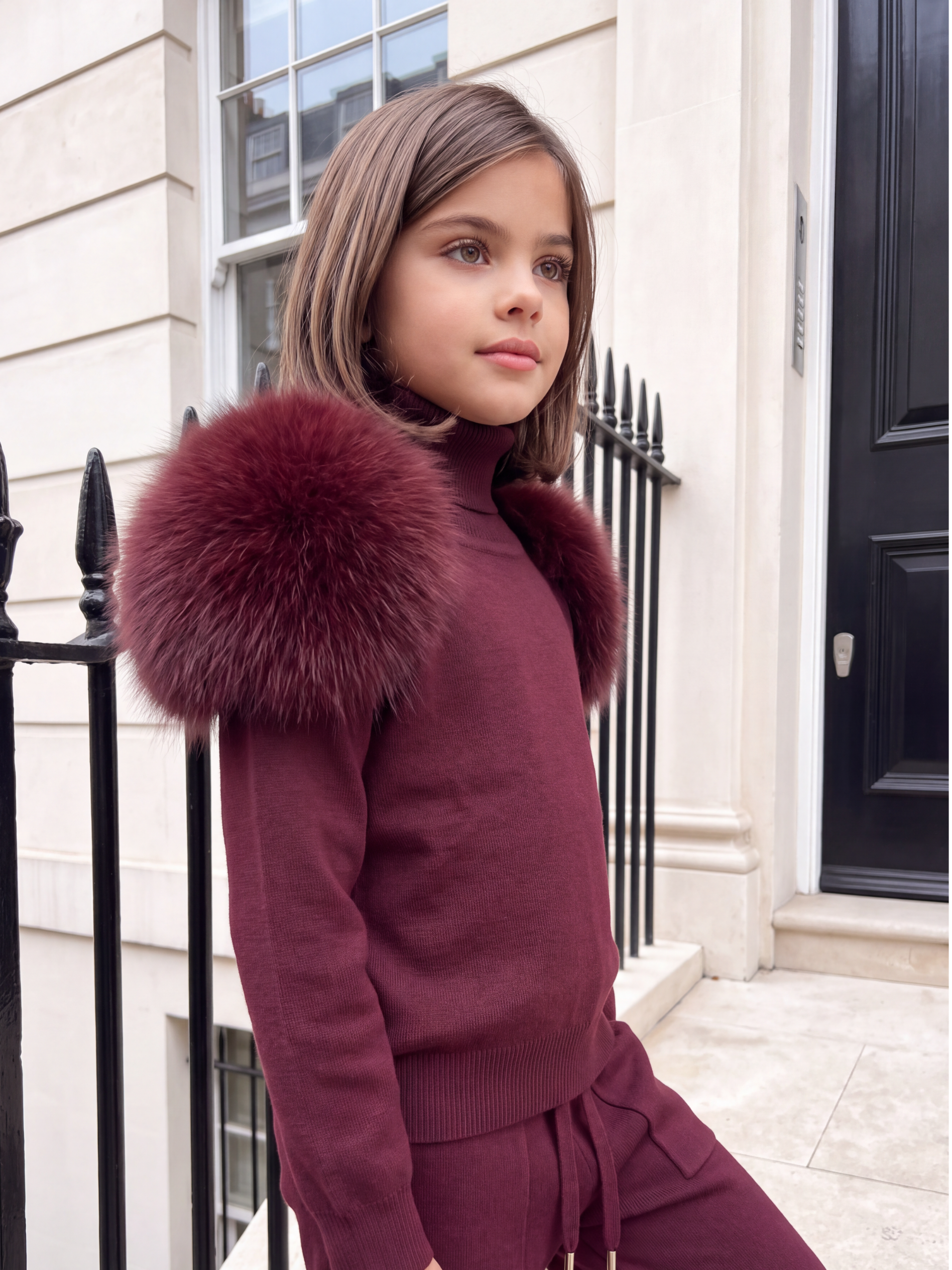 Knitted fur shoulder set Wide leg -BURGUNDY