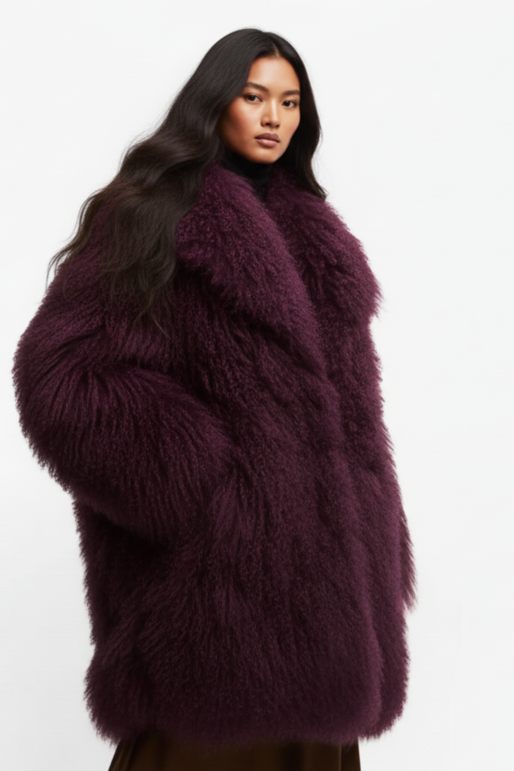 Womens mongolian fur long coat - Burgundy