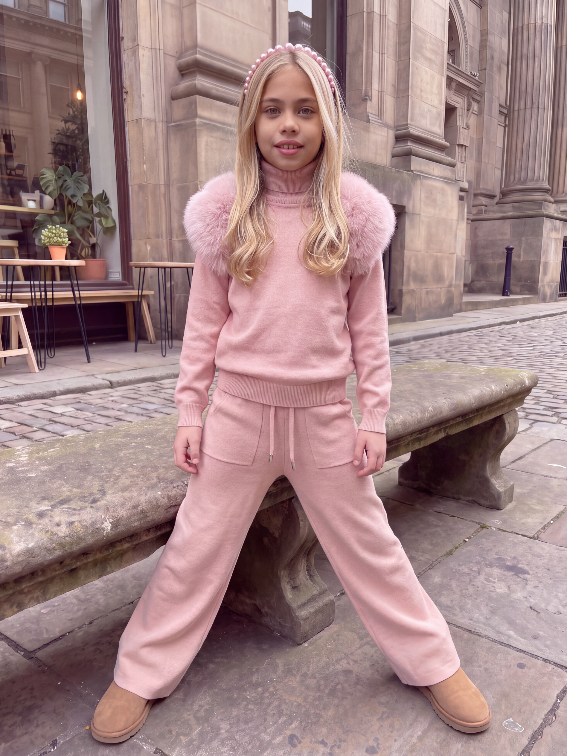 Knitted fur shoulder set Wide leg -PINK