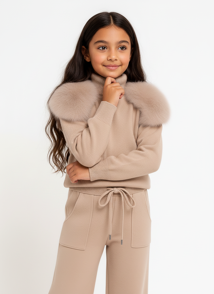 Knitted fur shoulder set - Wide leg - - CAPPUCCINO