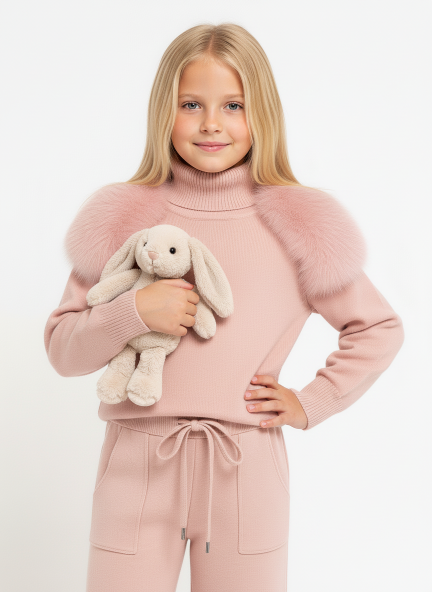 Knitted Fur shoulder set - Wide leg - PINK