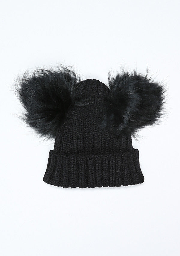 Black Double PomPom Hat