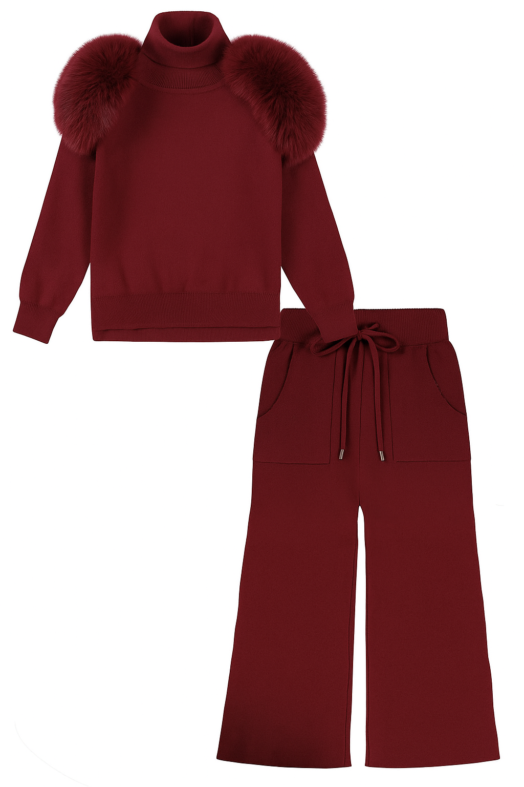 Knitted wide leg Co-Ord with Fur Shoulder - Burgundy