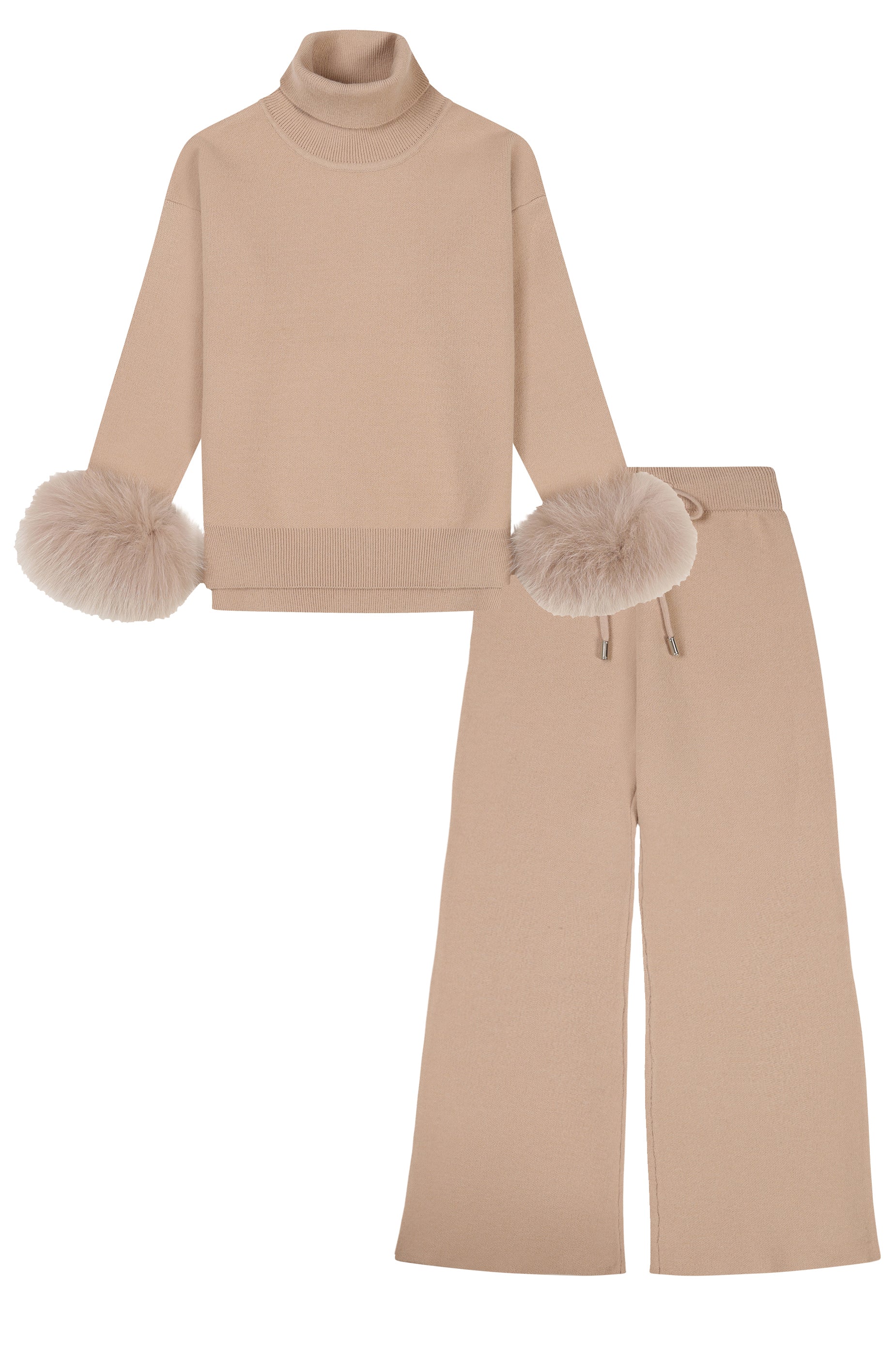 Knitted sweater set with fur cuffs - CAPPUCCINO