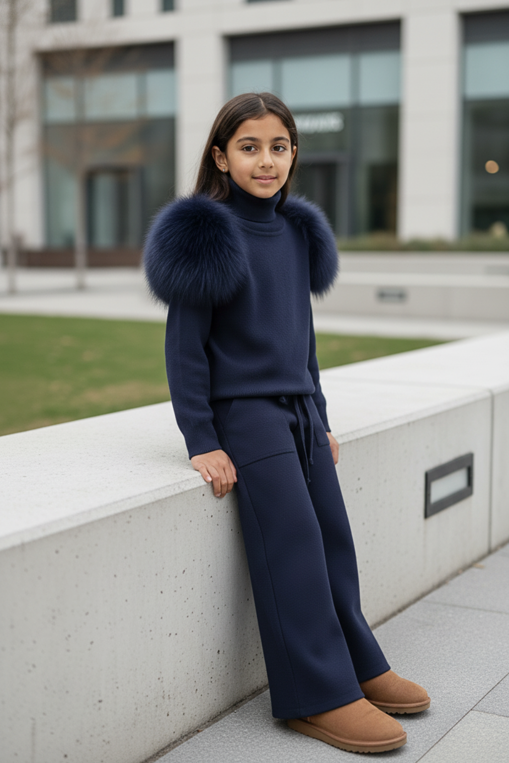 Knitted fur shoulder set Wide leg -NAVY