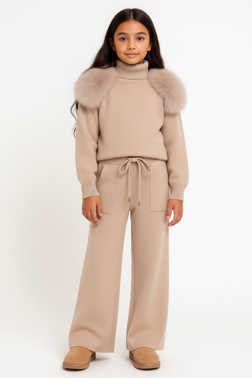 Knitted fur shoulder set - Wide leg -  - CAPPUCCINO