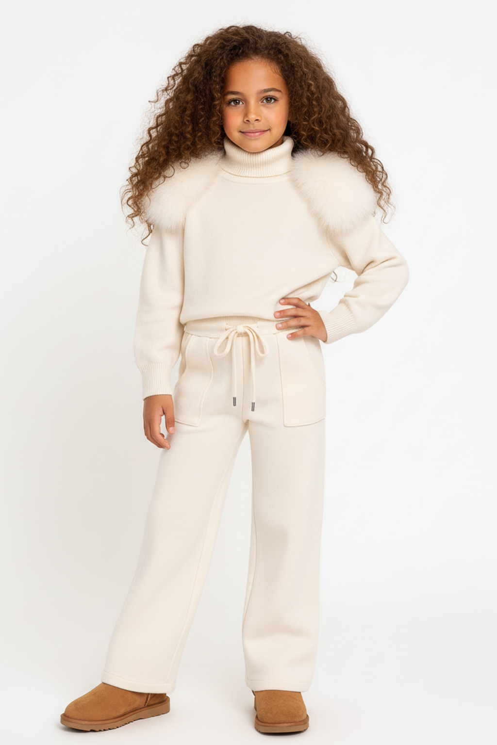 Knitted fur shoulder set - Wide leg - IVORY