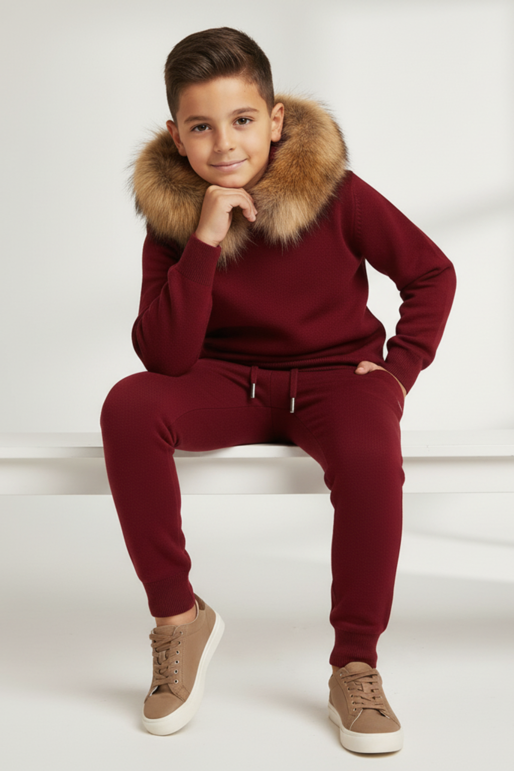 Knitted Hoodie Jogger Set - Burgundy / Natural