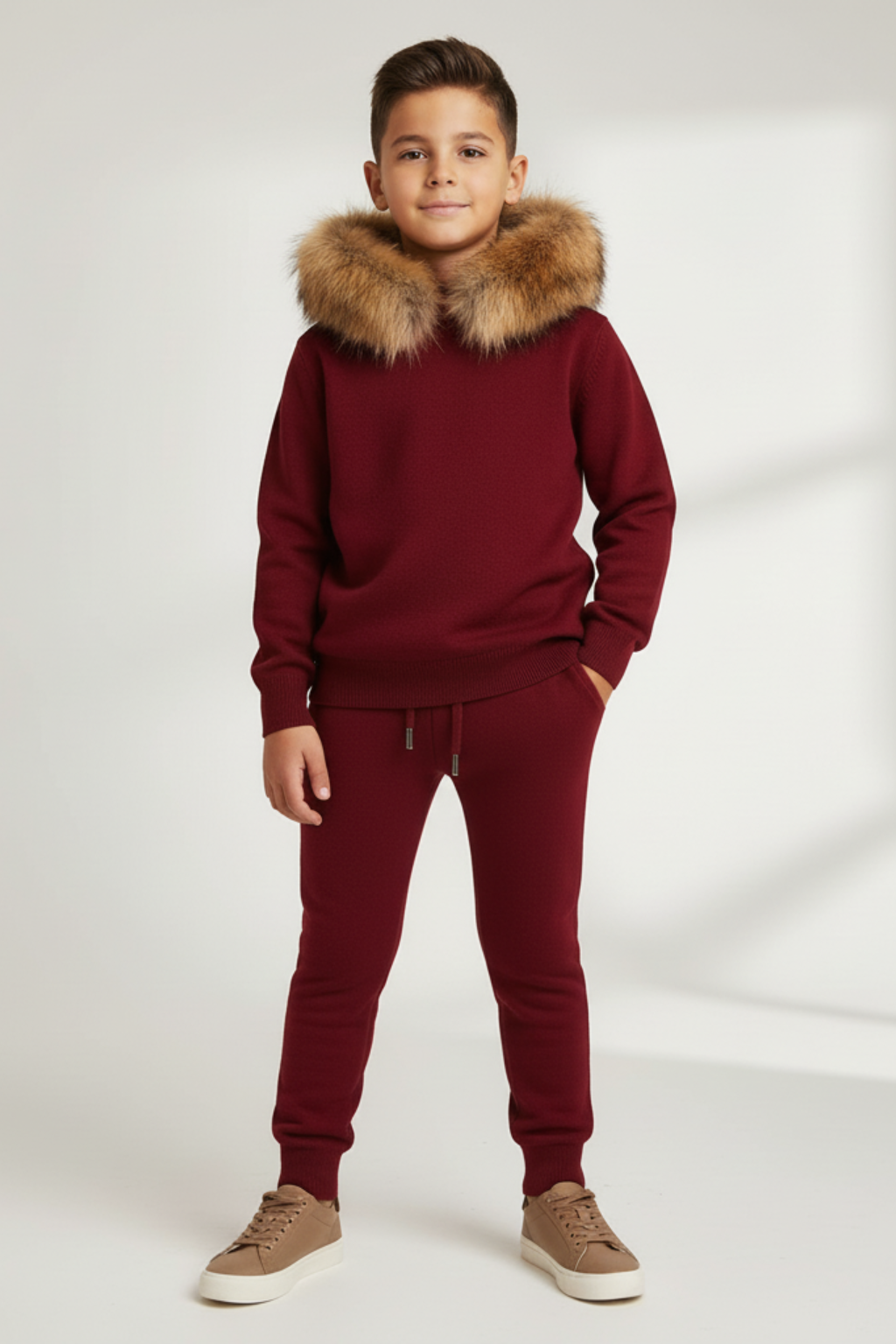 Knitted Hoodie Jogger Set - Burgundy / Natural