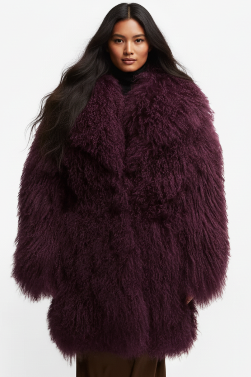 Womens mongolian fur long coat - Burgundy