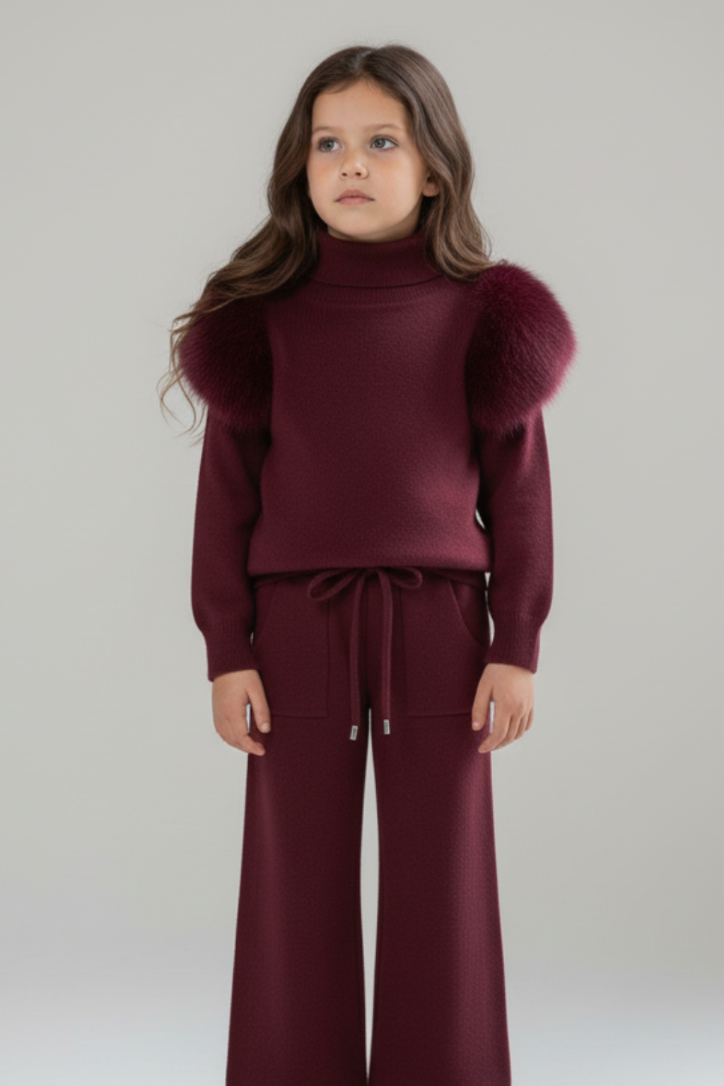 Knitted wide leg Co-Ord with Fur Shoulder - Burgundy
