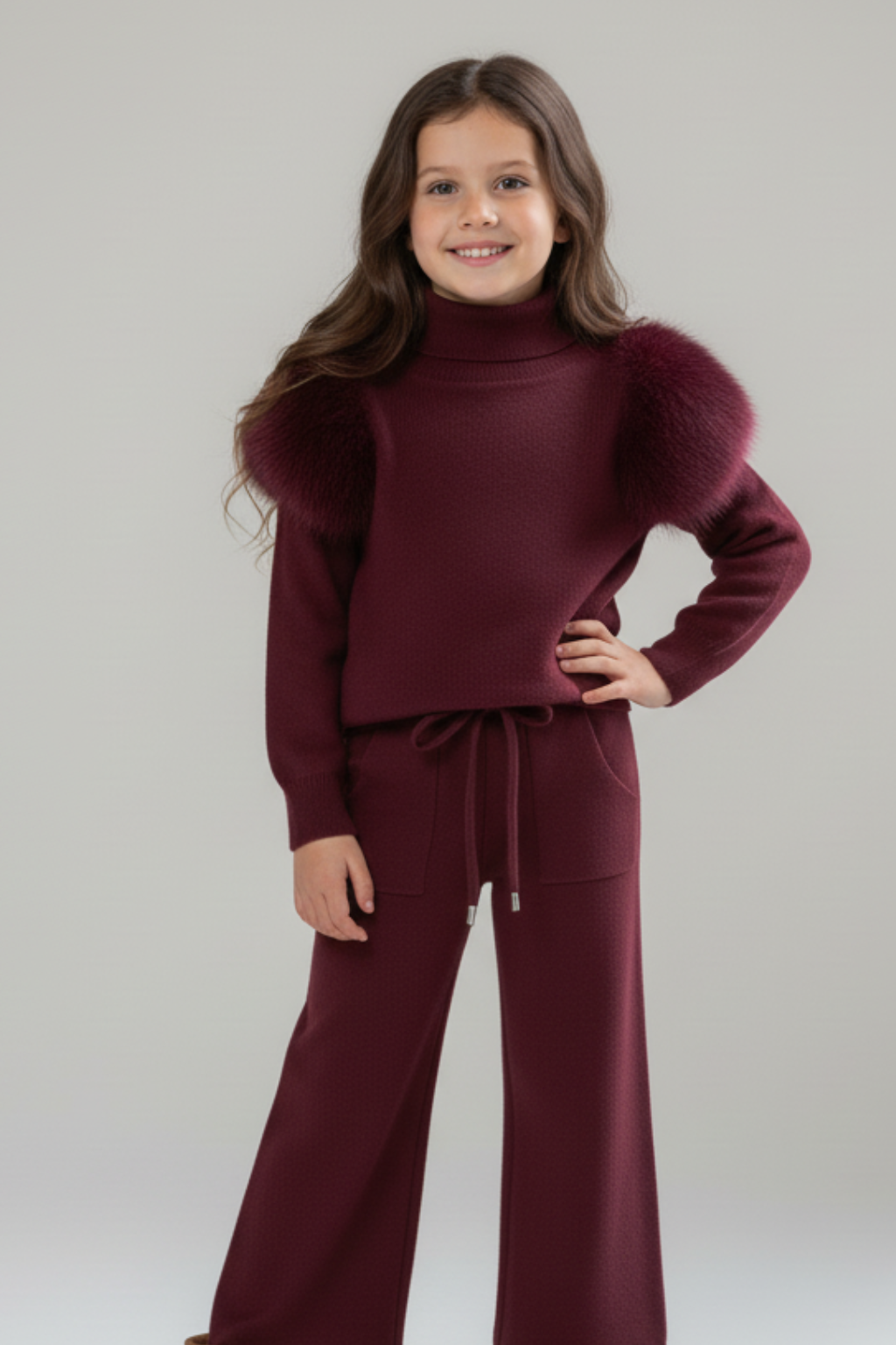 Knitted wide leg Co-Ord with Fur Shoulder - Burgundy