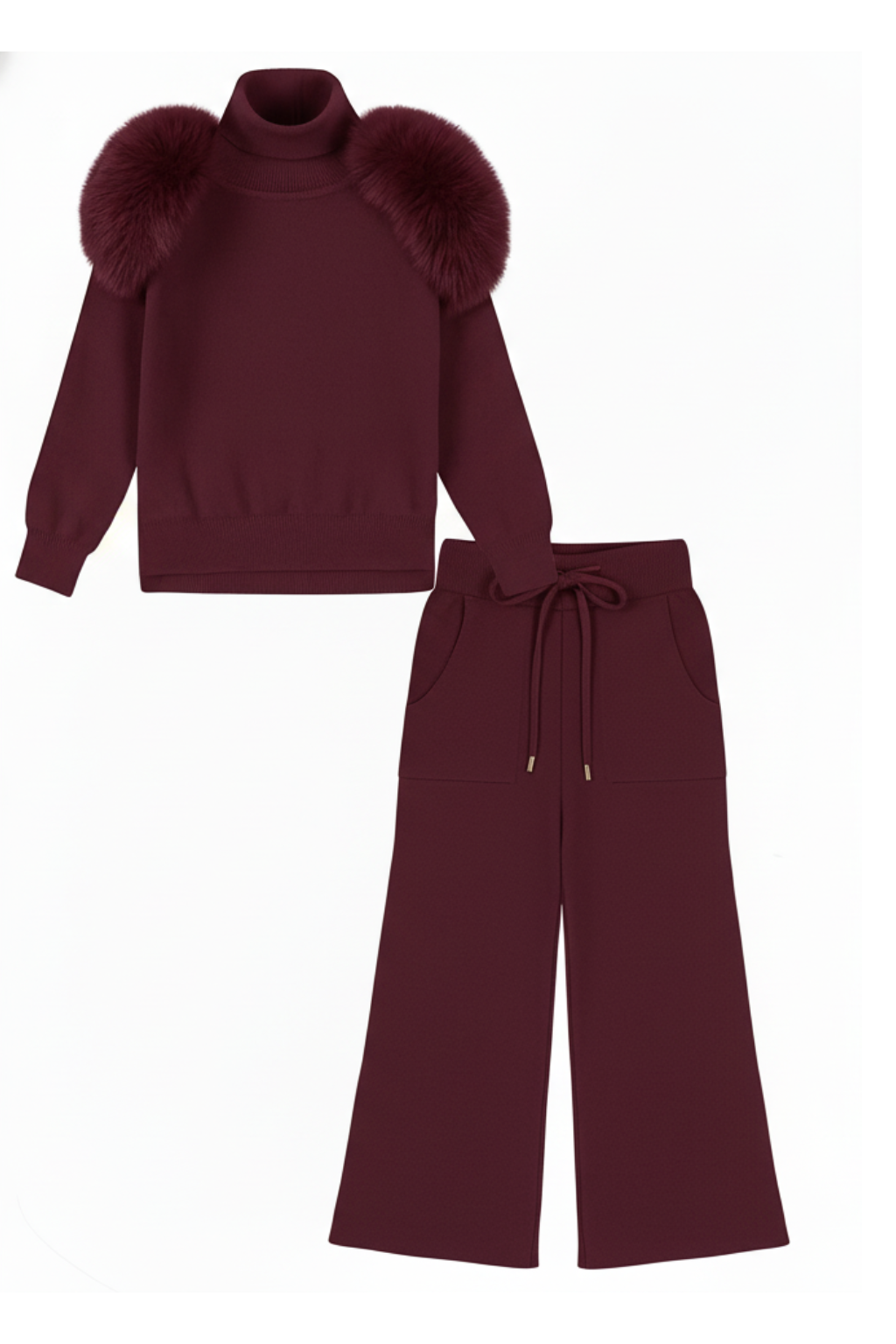 Knitted wide leg Co-Ord with Fur Shoulder - Burgundy