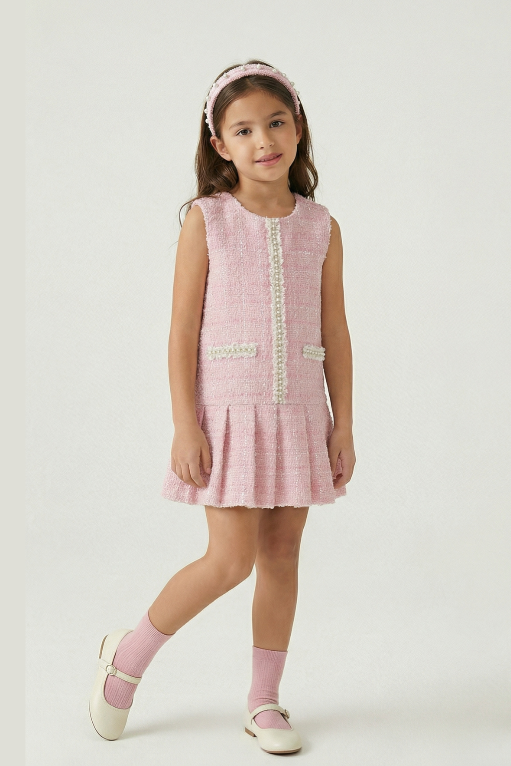 'Penelope' Sleeveless Tweed Dress - Pink