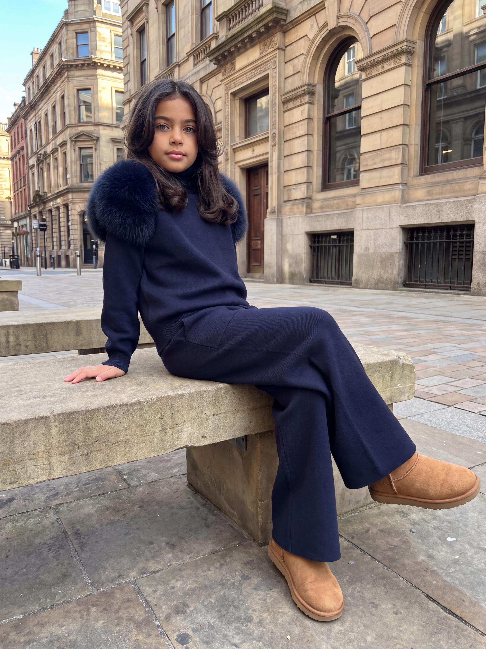 Knitted fur shoulder set Wide leg -NAVY
