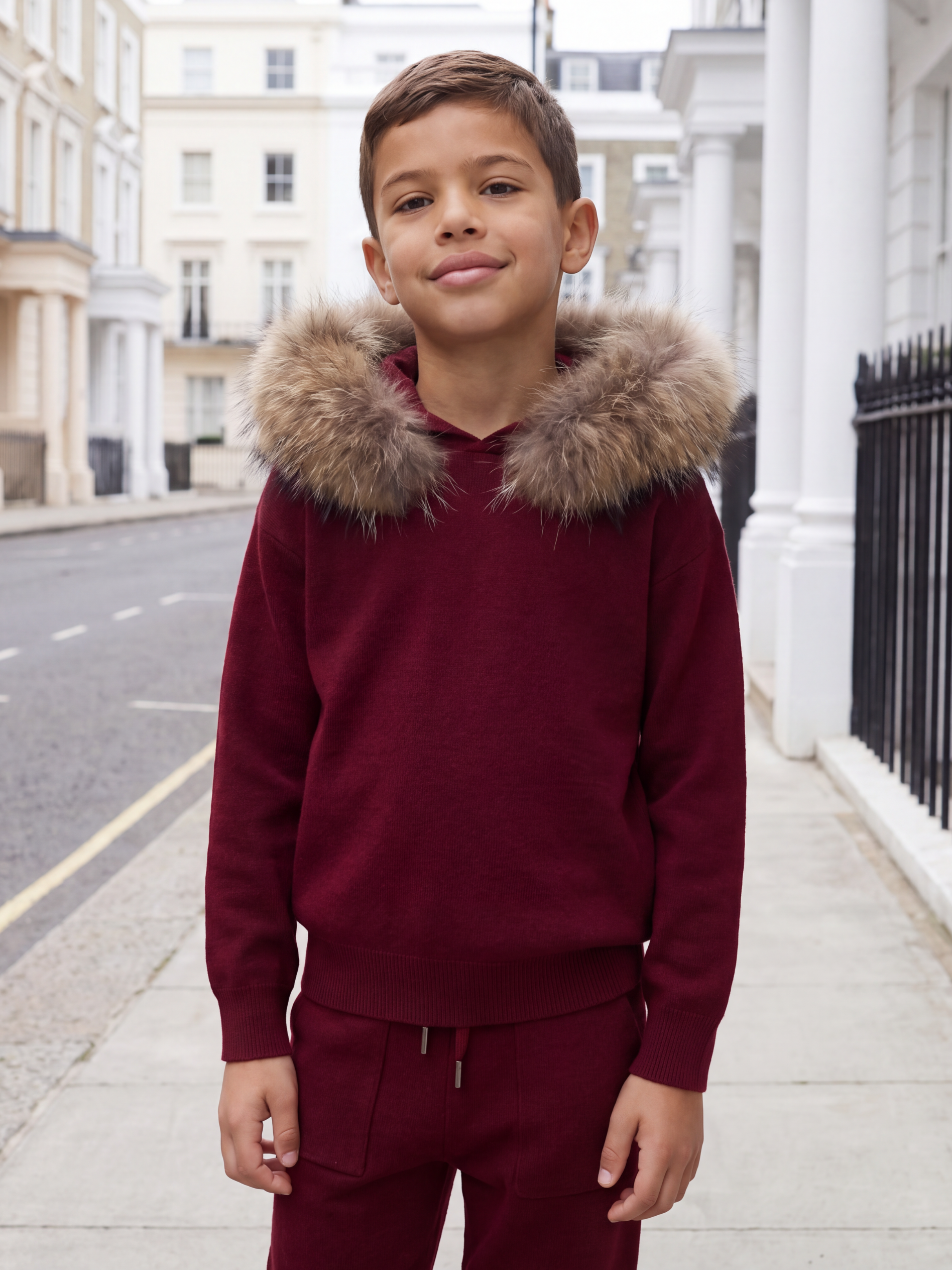 Knitted Hoodie Jogger Set - Burgundy Natural Hood