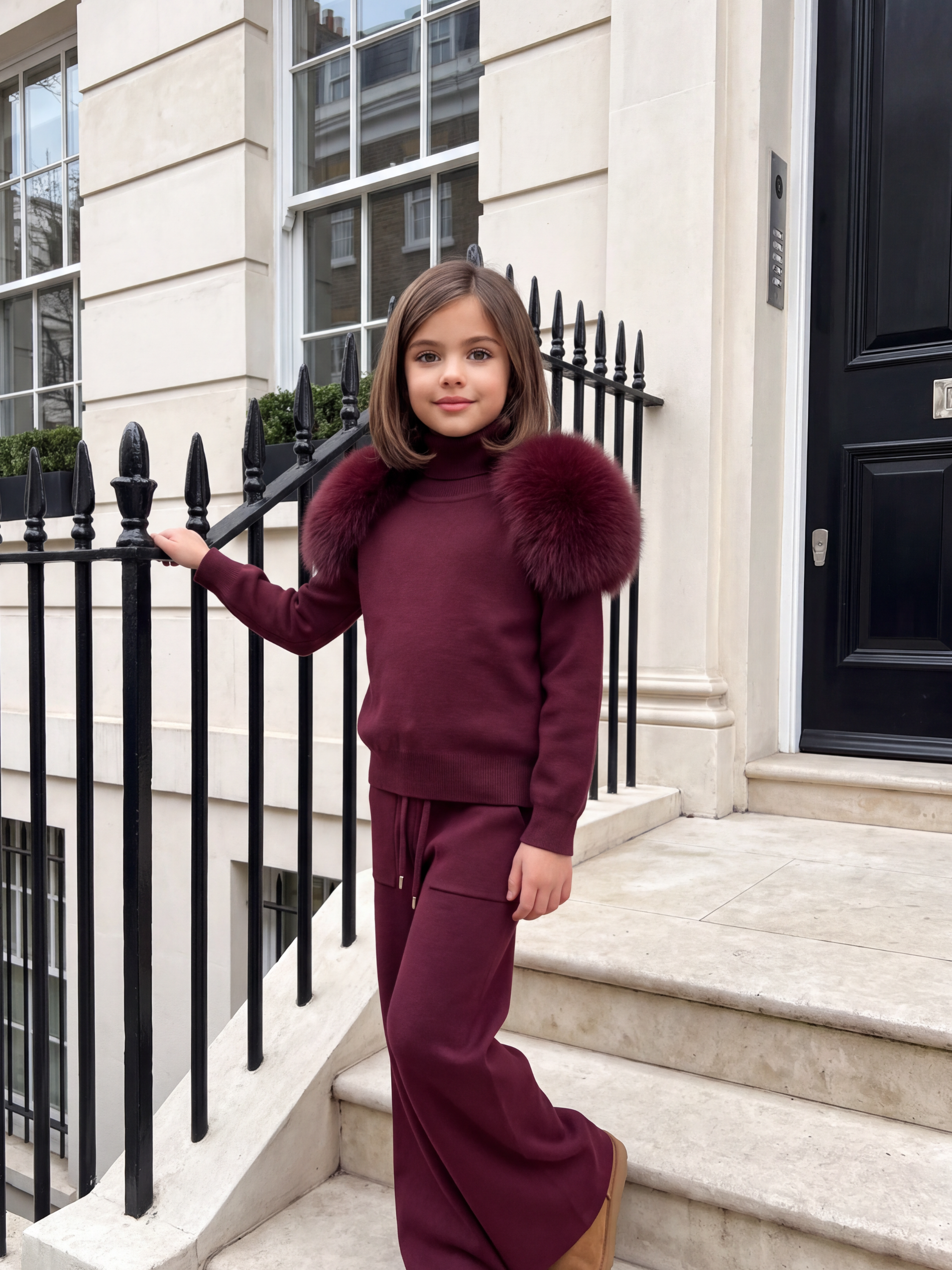 Knitted fur shoulder set Wide leg -BURGUNDY