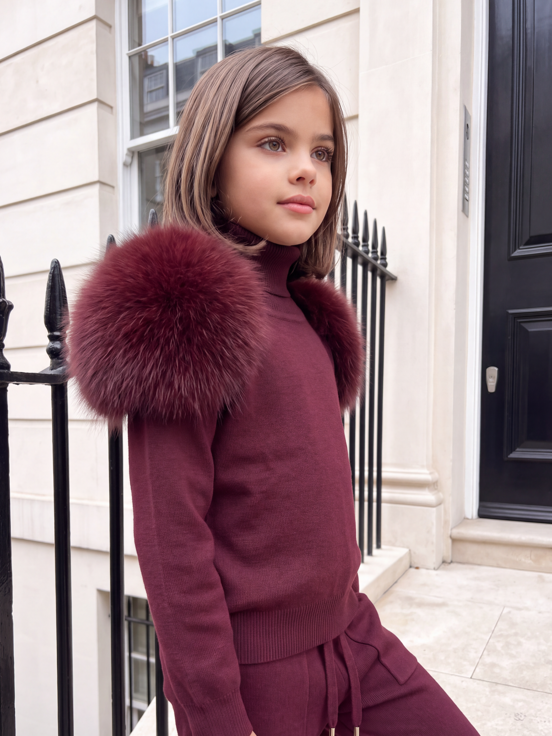 Knitted fur shoulder set Wide leg -BURGUNDY