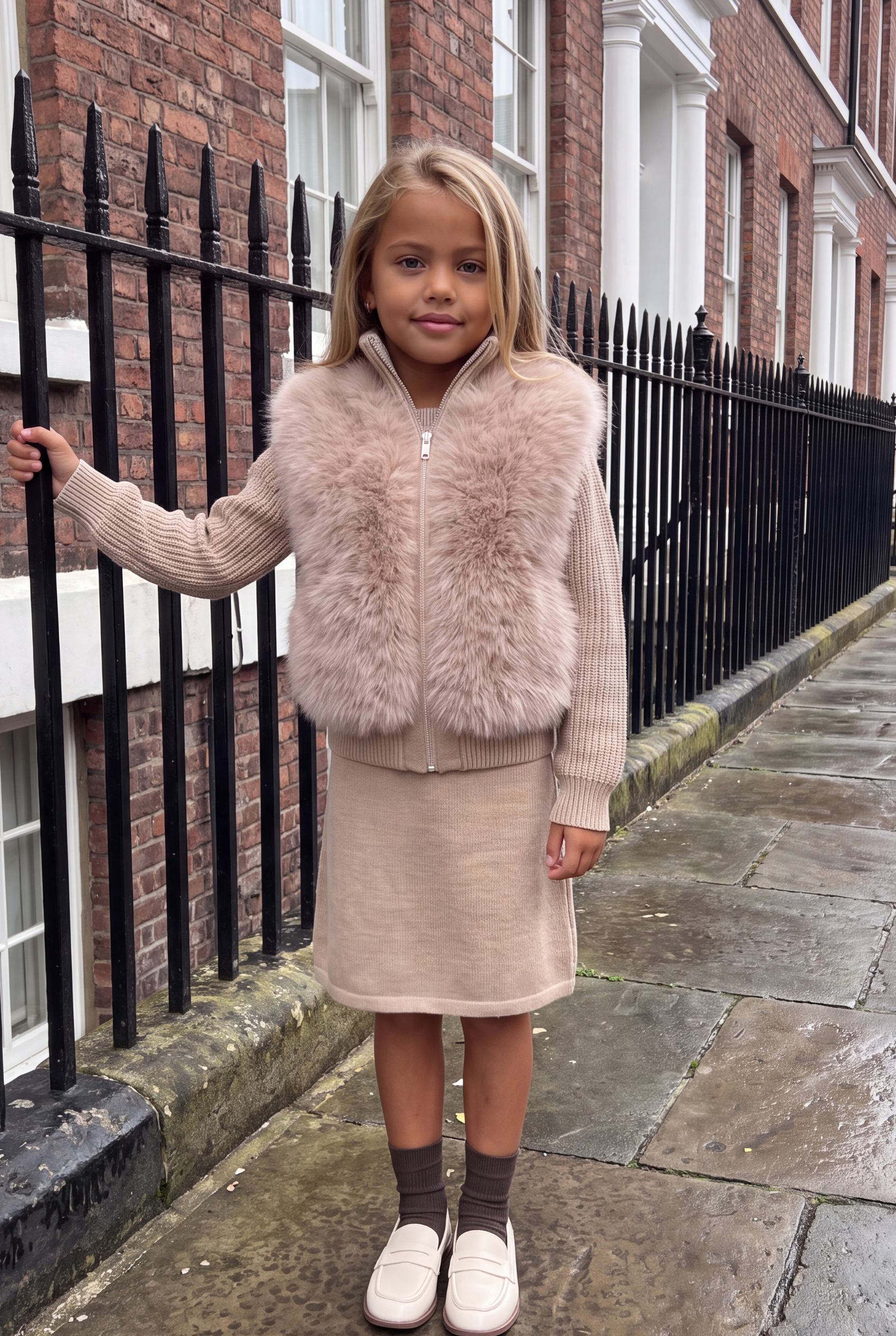 The Beau Knit Faux-Fur Skirt Set - Beige