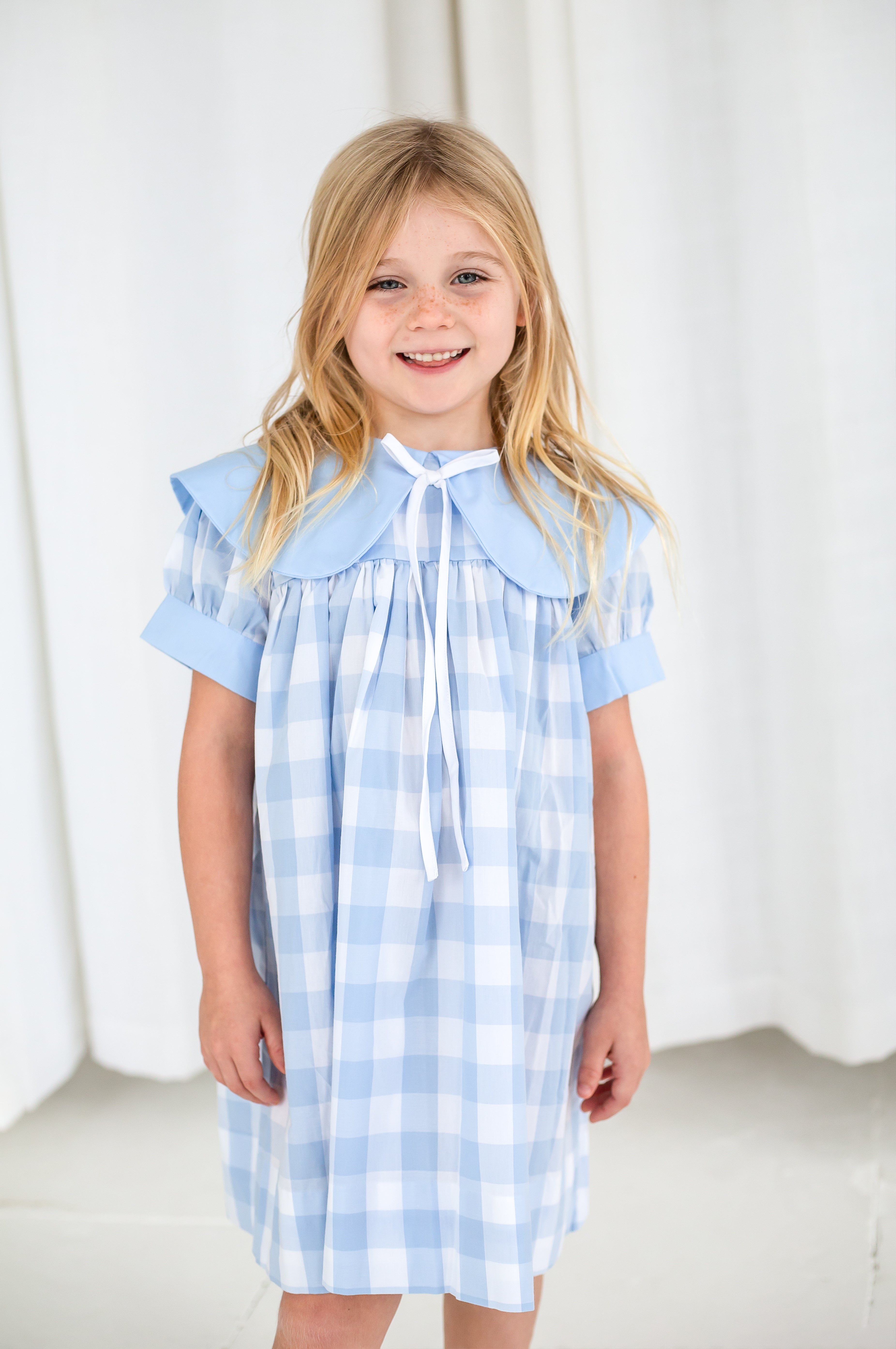 Girls Blue Gingham Short Sleeve Dress