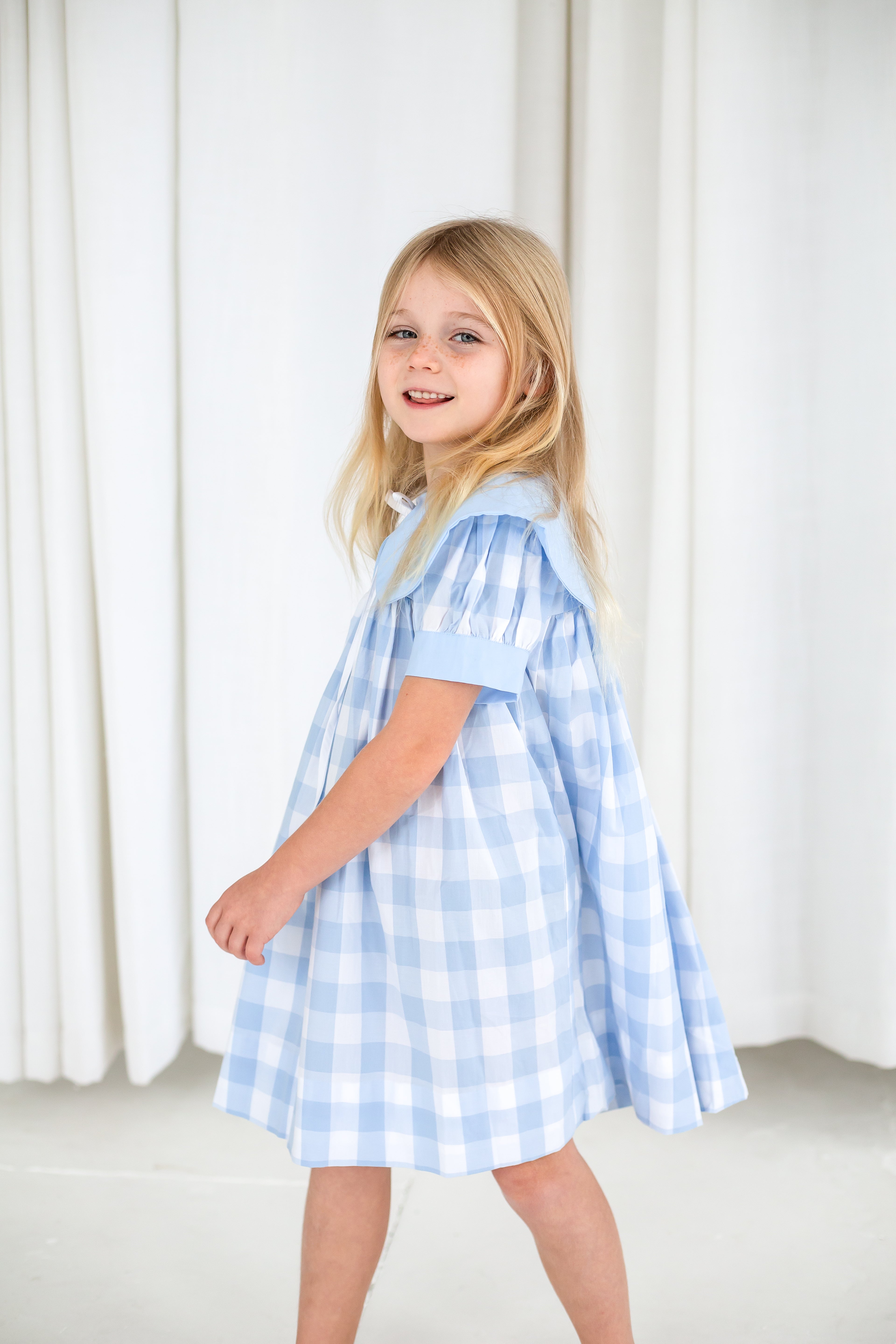 Girls Blue Gingham Short Sleeve Dress