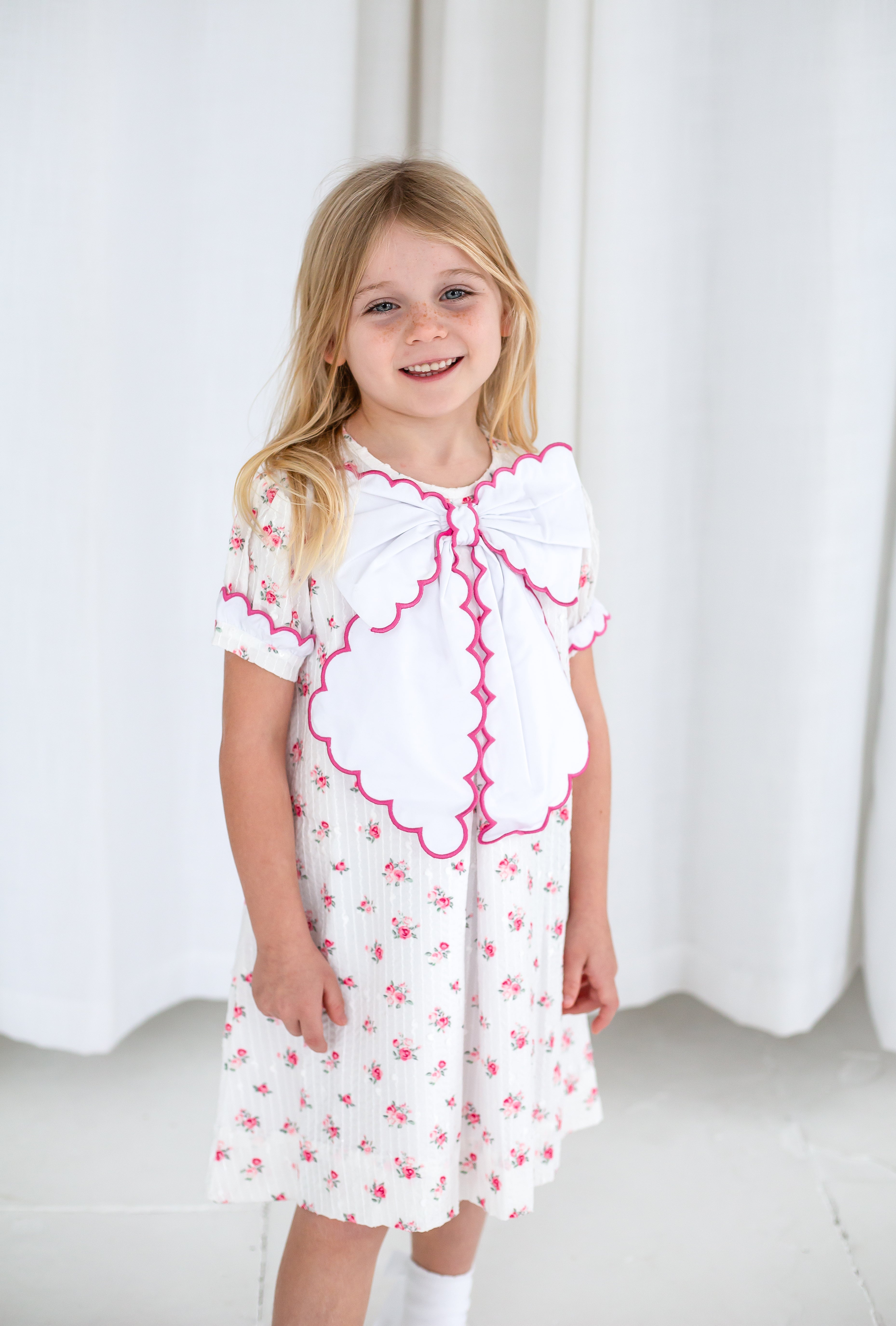 Girls Floral Short Sleeve Bow Dress