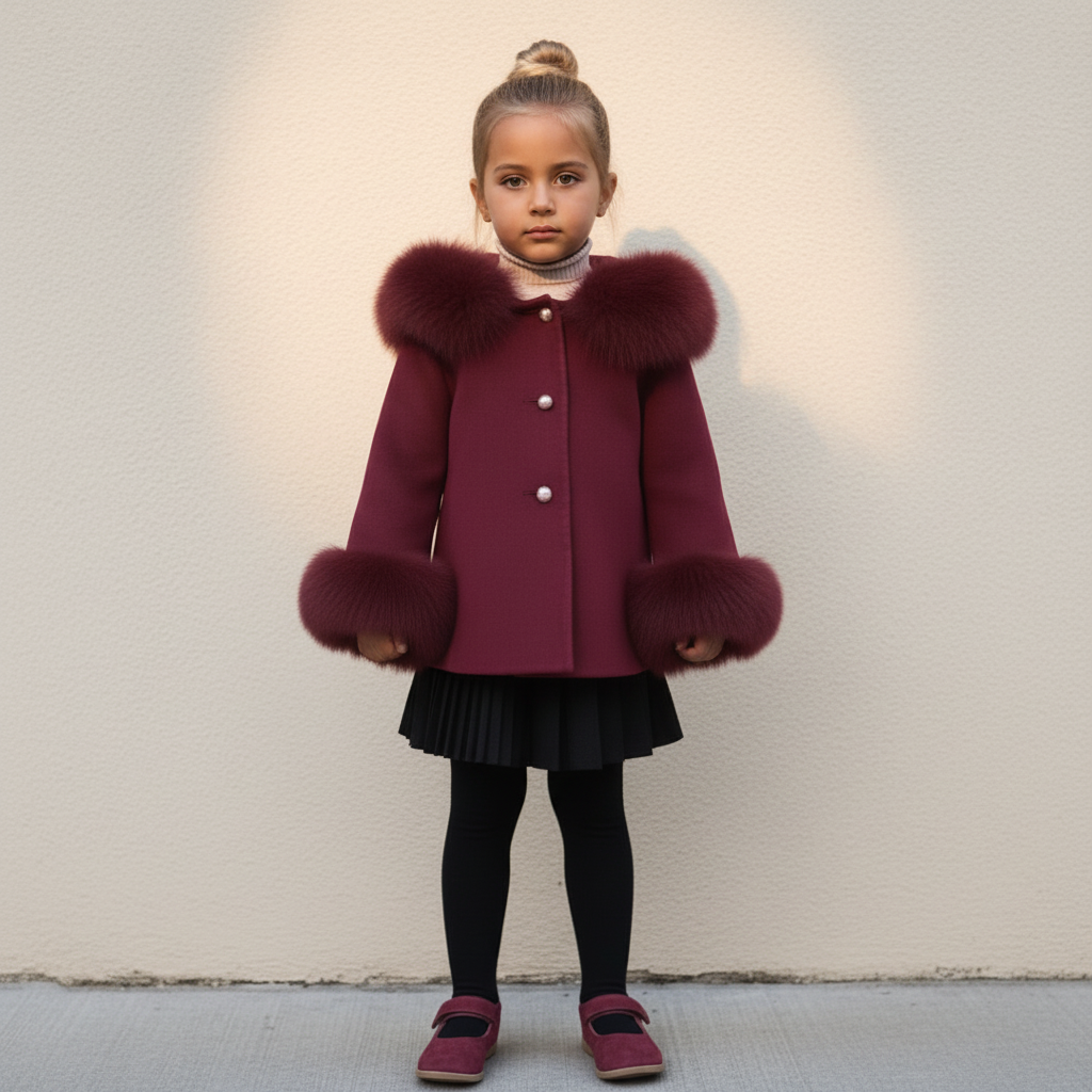 'Maya' Hooded Cashmere Coat with fur - Burgundy