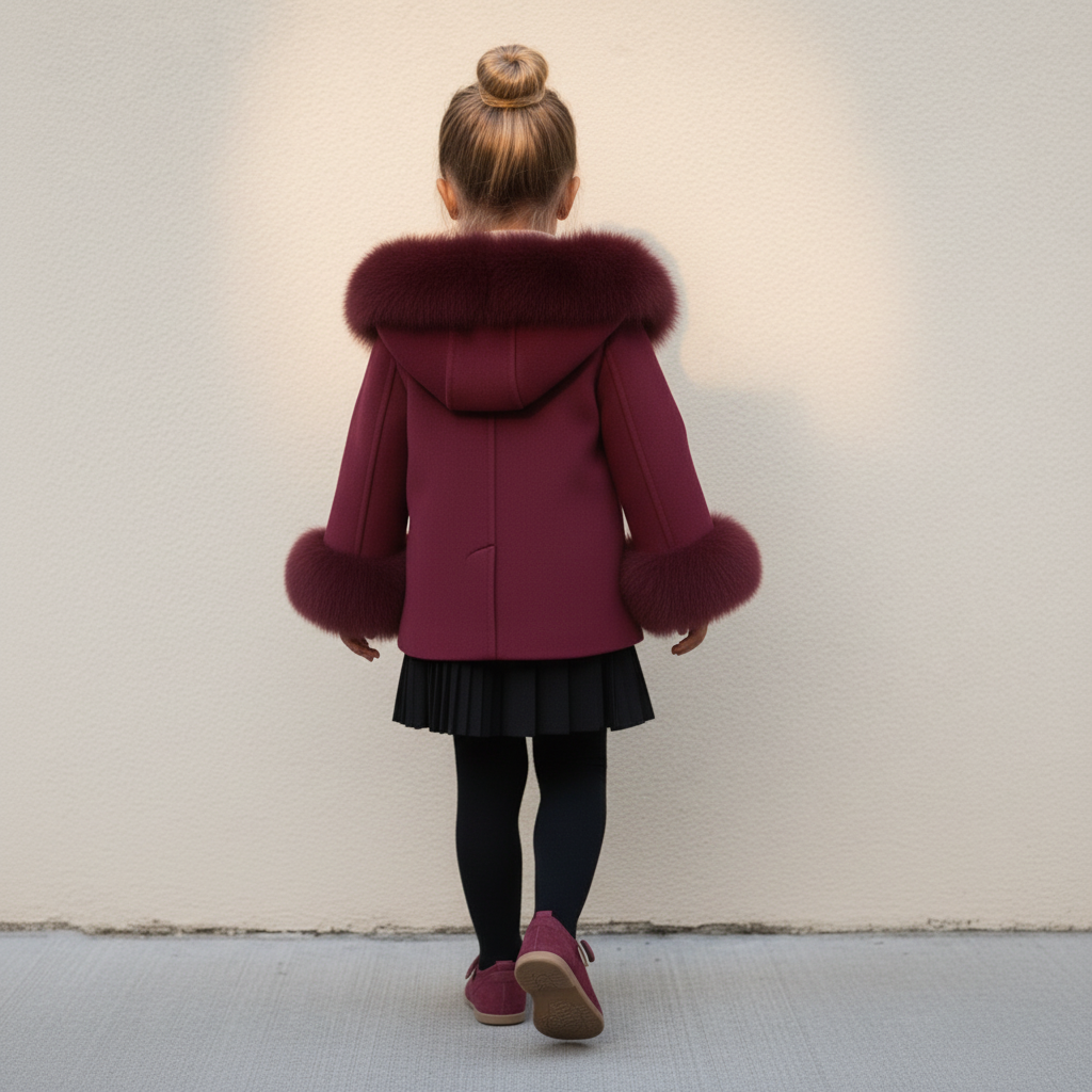 'Maya' Hooded Cashmere Coat with fur - Burgundy