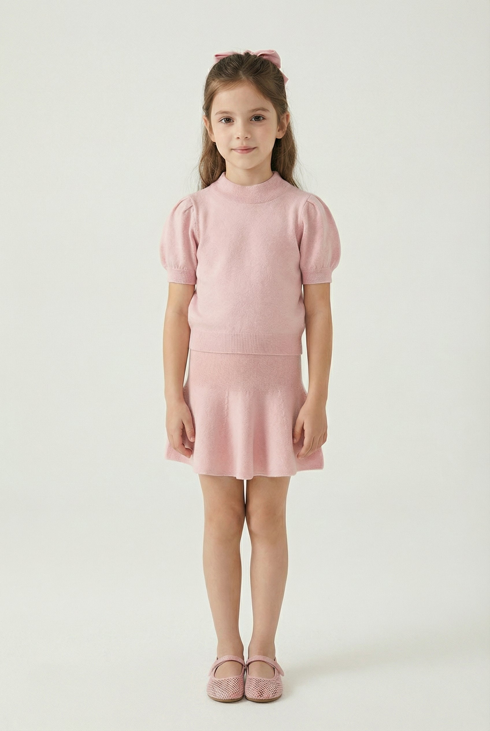 Cashmere puff sleeve sweater and skirt / Pink