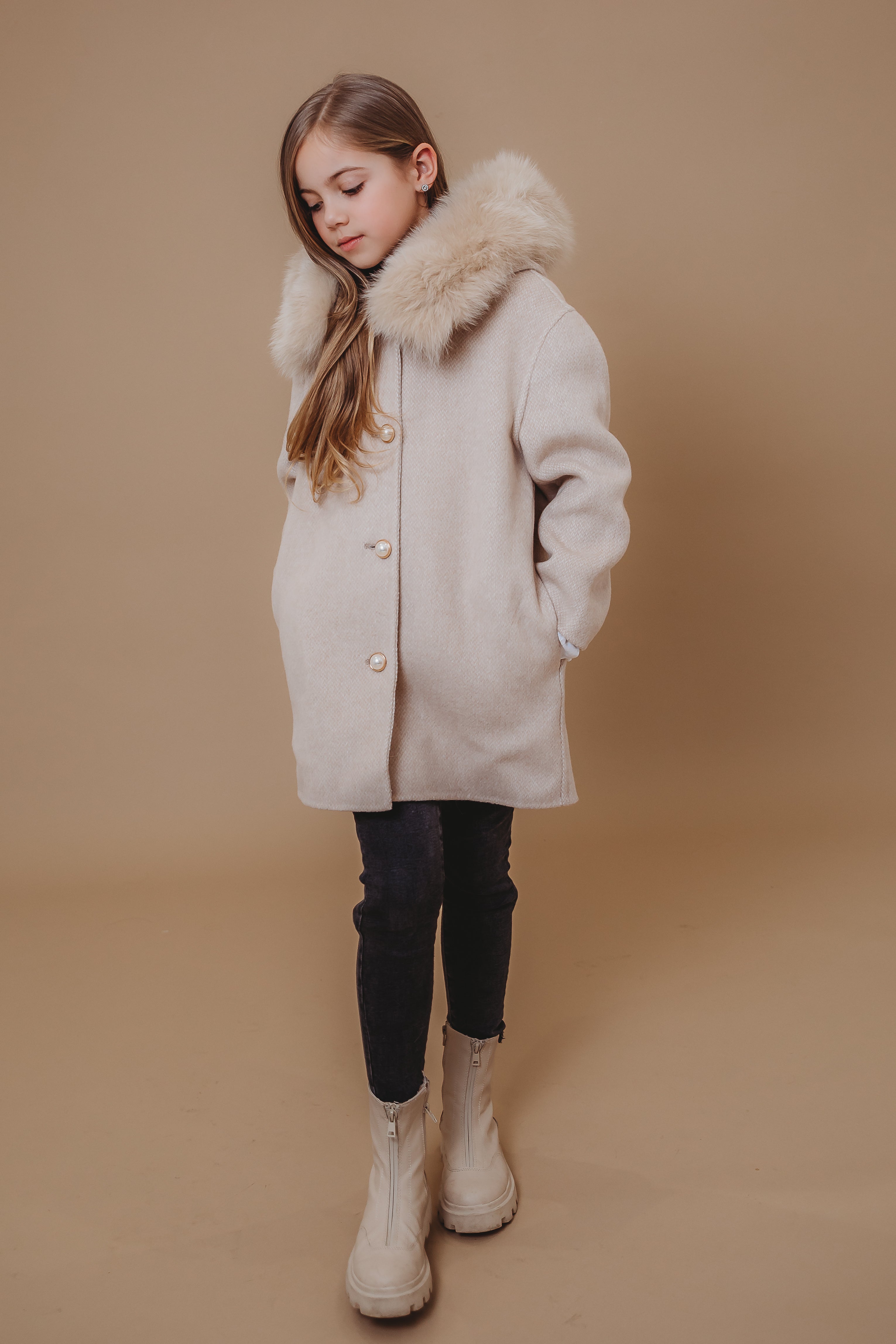 'Aline' hooded cashmere coat / Nude