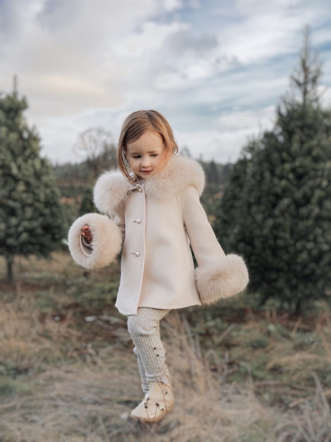 Cashmere Jacket with natural fur trim hood and cuffs - Nude