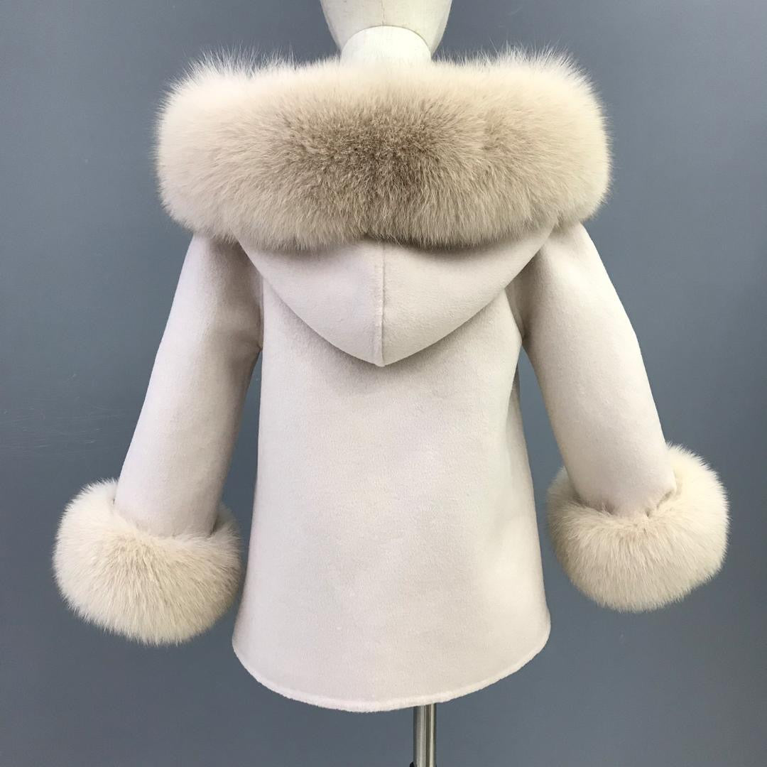 'Maya' Hooded Cashmere Coat with fur cuff