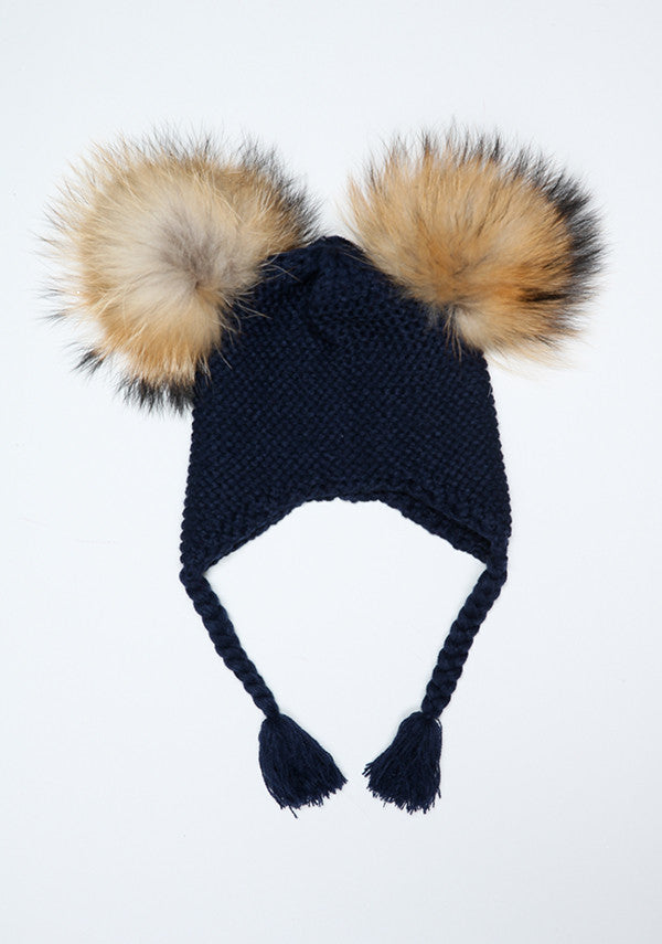 Navy Blue Double Pom Bomber Hat