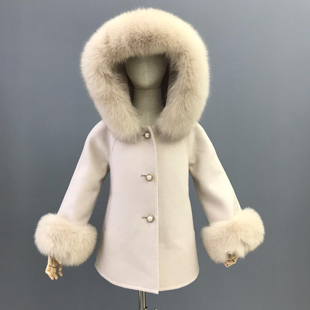 'Maya' Hooded Cashmere Coat with fur cuff