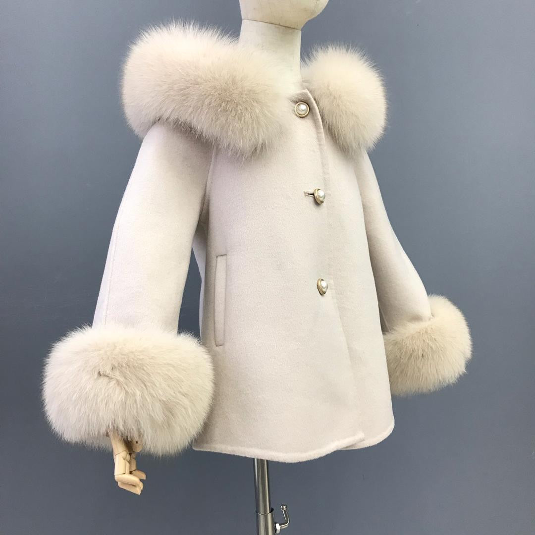 'Maya' Hooded Cashmere Coat with fur cuff