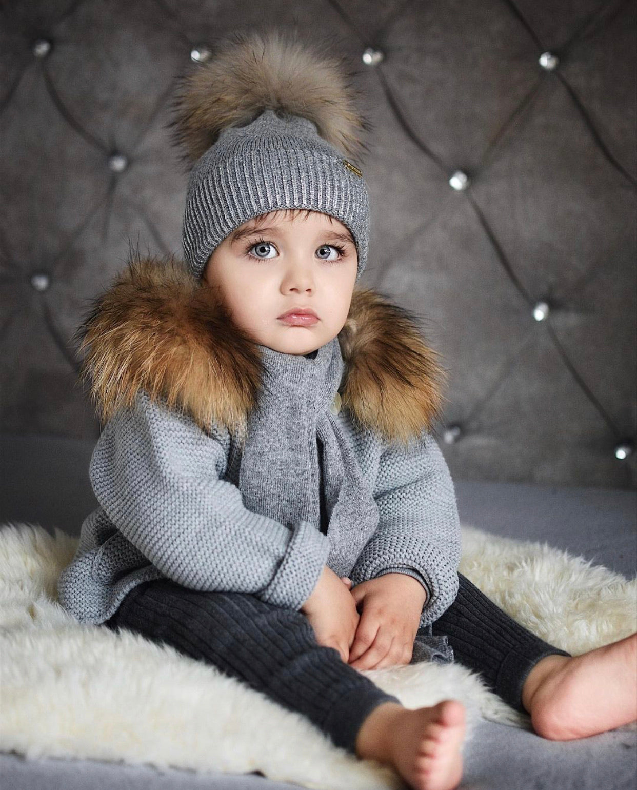 Bobble Babies knitted jacket in Steel Grey  / natural hood trim